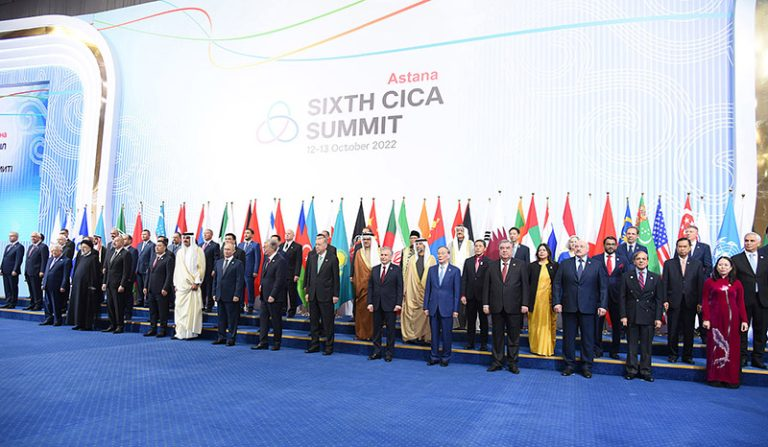 APP10-131022 KAZAKHSTAN: October 13 - Prime Minister Muhammad Shehbaz Sharif in a group photo with leaders of the participating countries in 6th CICA Summit, Astana. APP/ZID/MOS